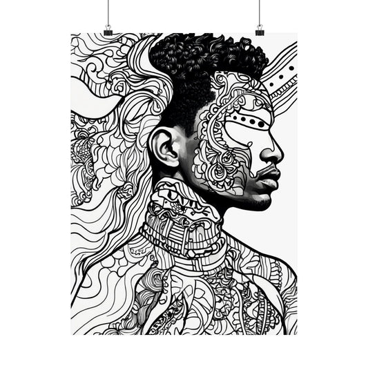 Afro Line Art Portrait Poster — Black & White Matte Vertical Art Print