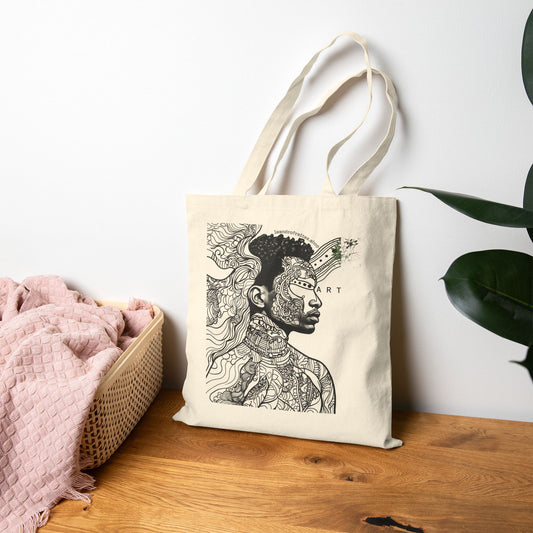Abstract Surreal Portrait Tote — Black & White Tribal Line Art Canvas Tote