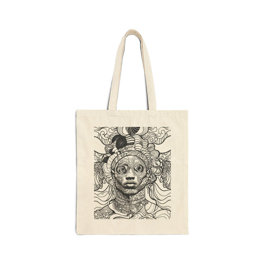 Abstract Portrait Cotton Canvas Tote — Surreal Tribal Line-Art