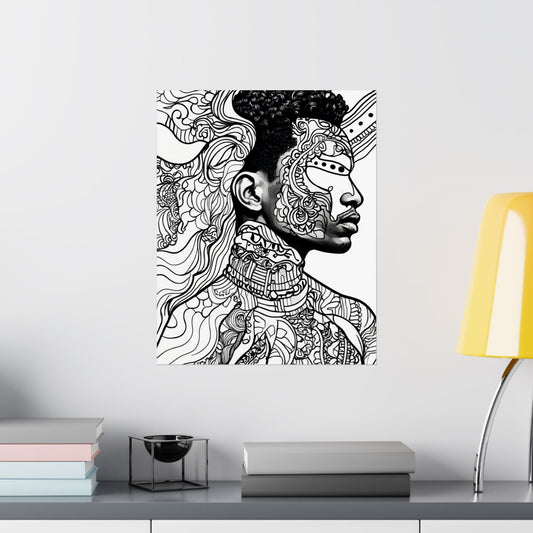 Afro Line Art Portrait Poster — Black & White Matte Vertical Art Print