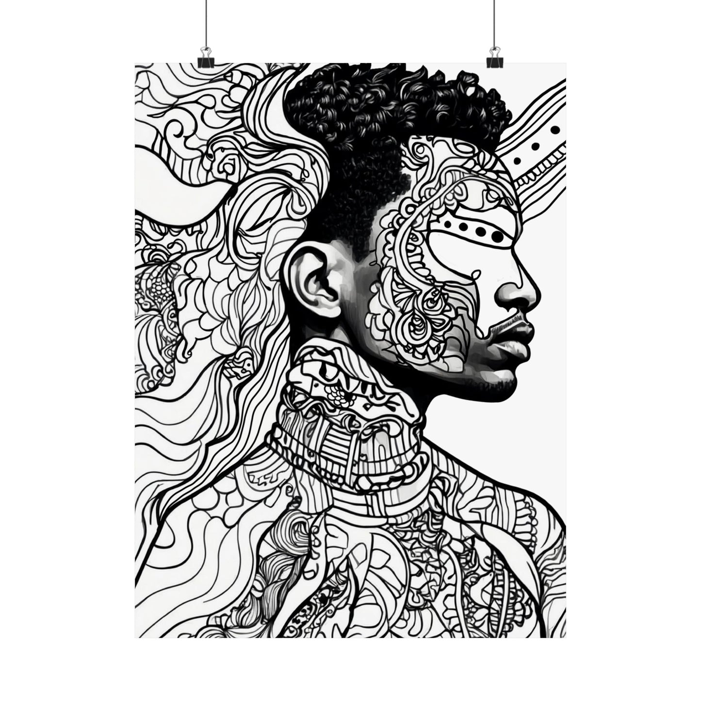 Afro Line Art Portrait Poster — Black & White Matte Vertical Art Print