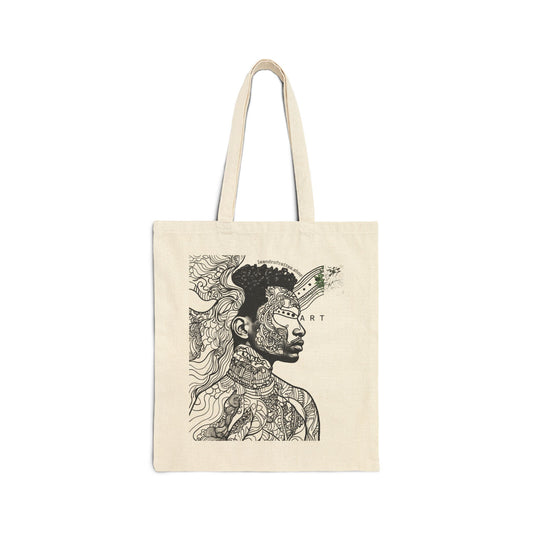 Abstract Surreal Portrait Tote — Black & White Tribal Line Art Canvas Tote