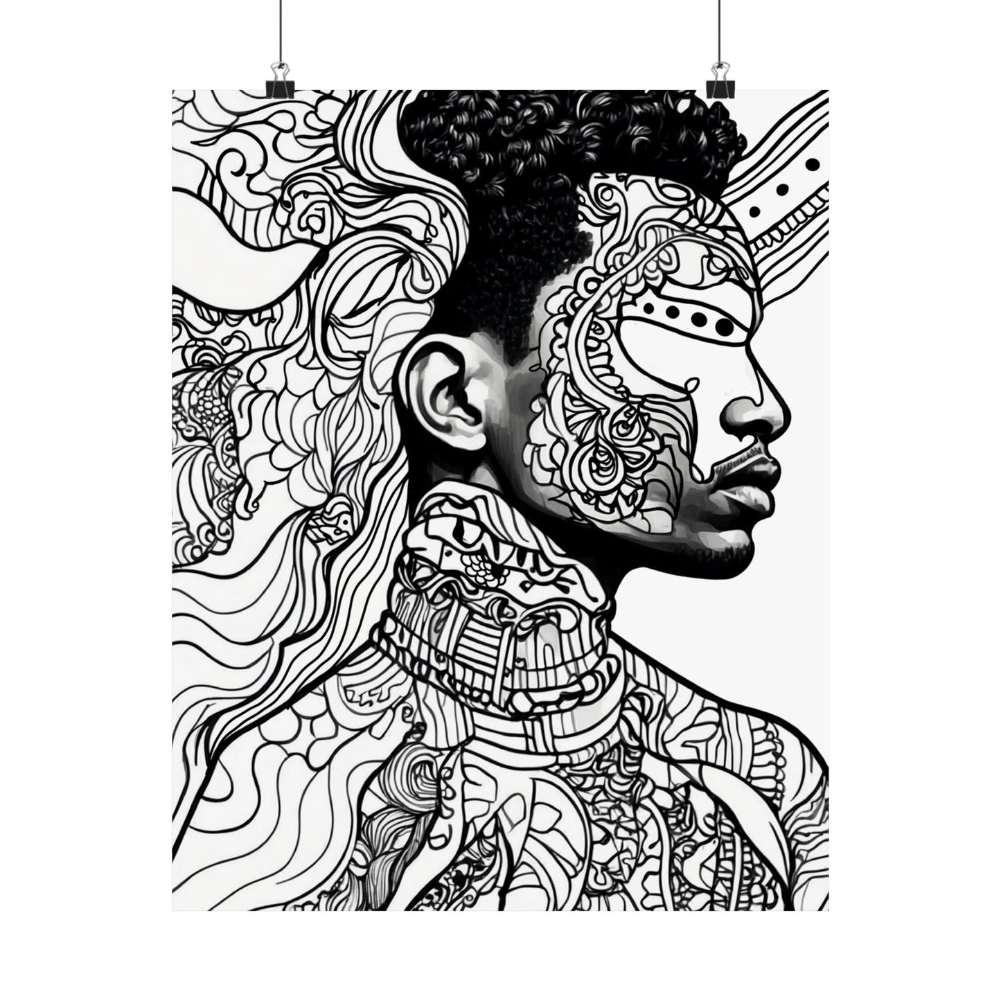 Afro Line Art Portrait Poster — Black & White Matte Vertical Art Print
