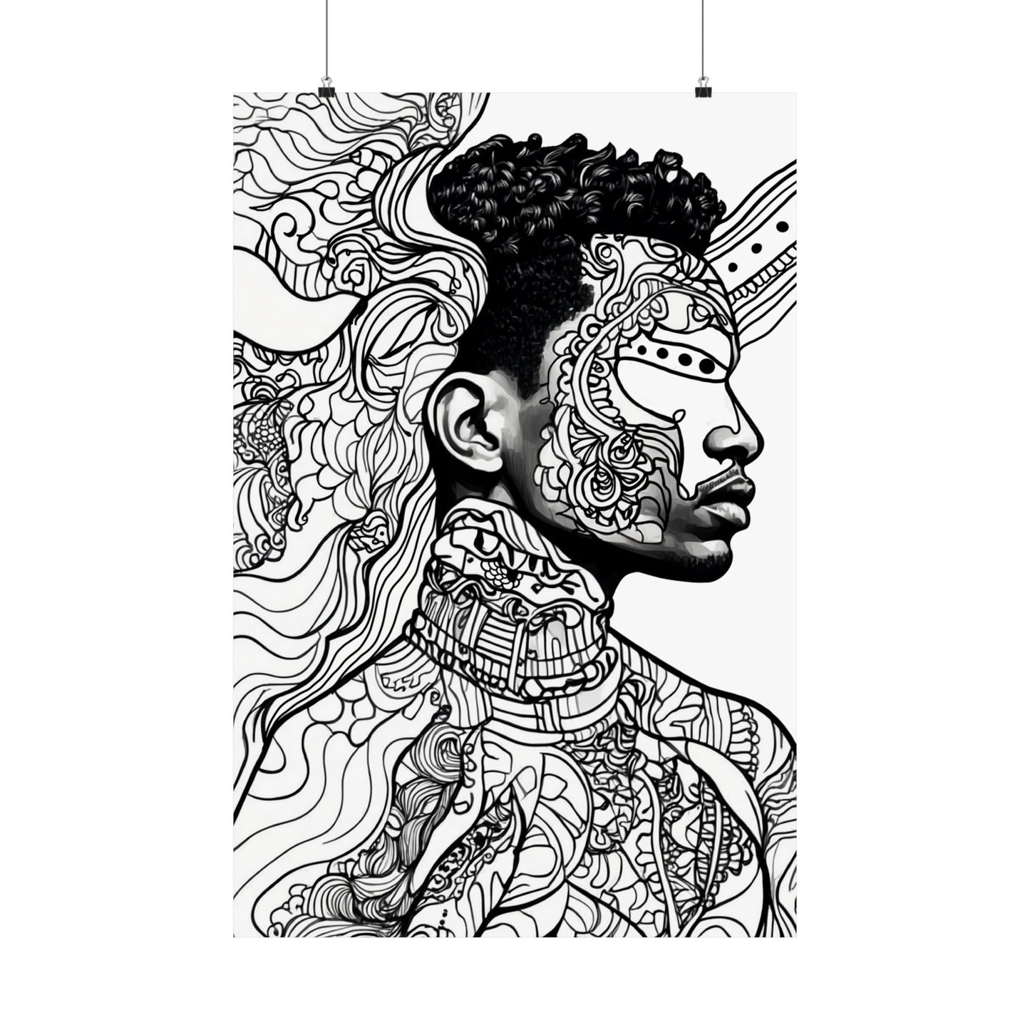 Afro Line Art Portrait Poster — Black & White Matte Vertical Art Print