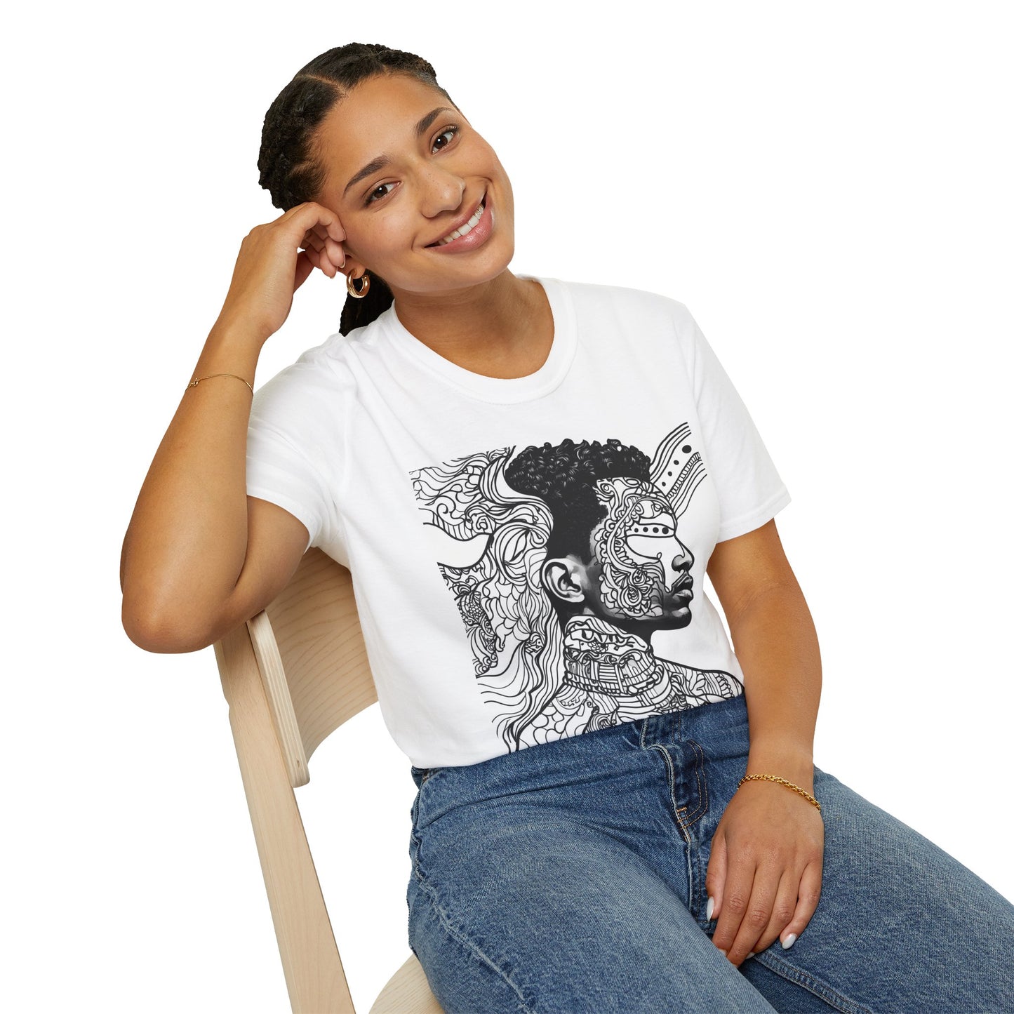 Abstract Portrait T‑Shirt — Surreal Tribal Line Art