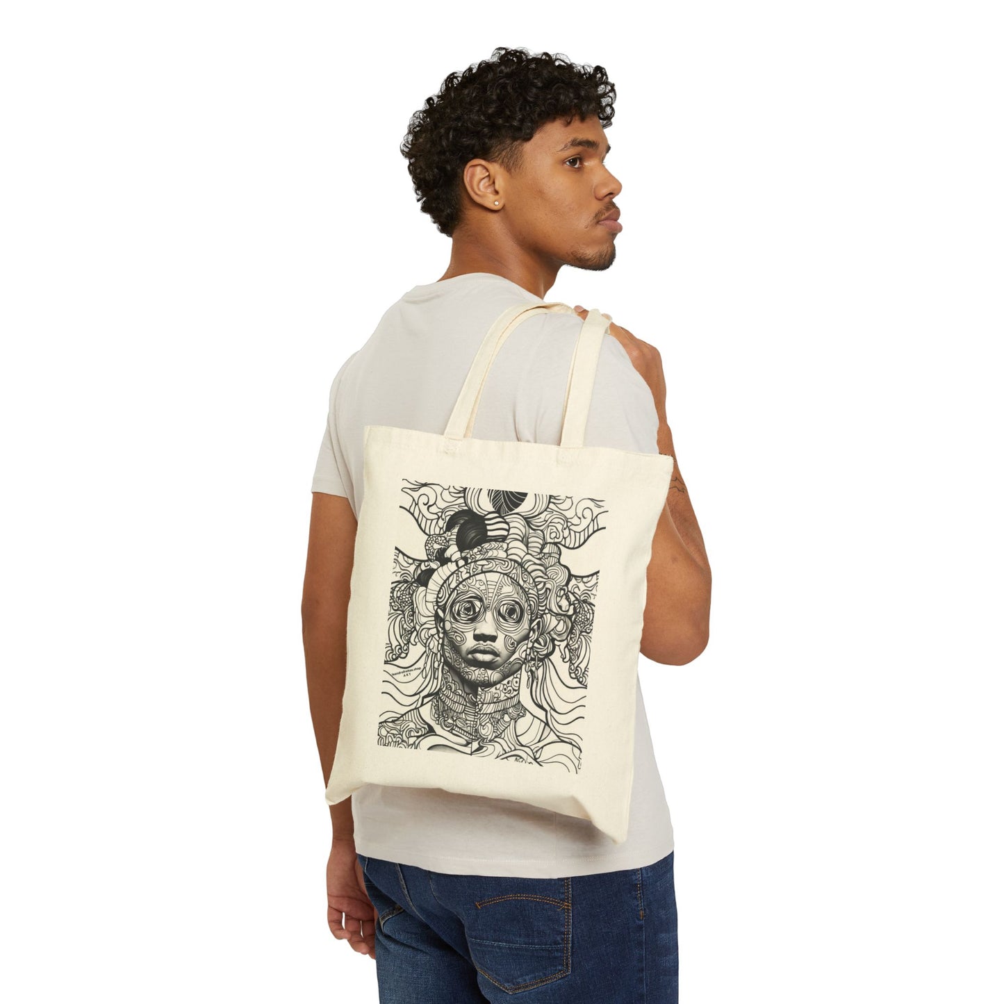 Abstract Portrait Cotton Canvas Tote — Surreal Tribal Line-Art